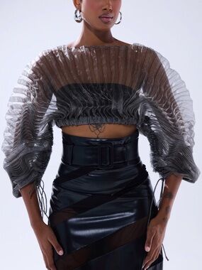 AKIRA Sheer Pleated Crop Top in Silver Gray